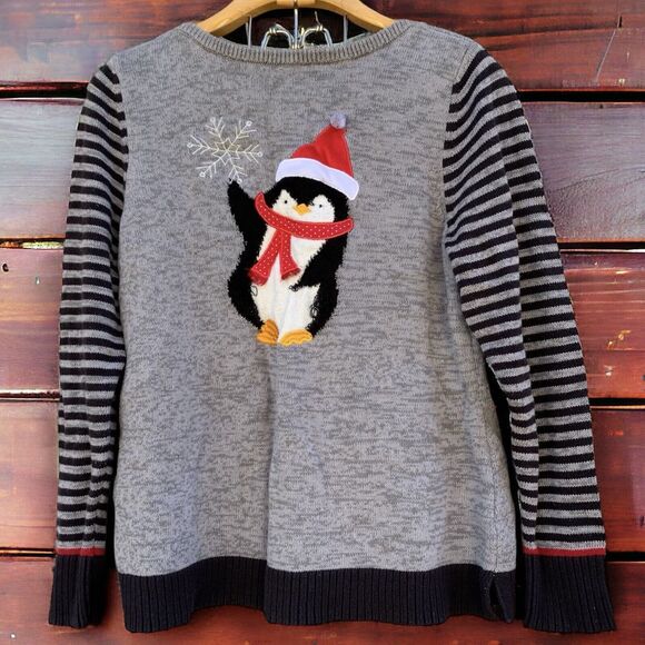 Vintage Knit Ugly Christmas Sweater Gray Pullover Women’s Size L Penguin Striped - Picture 1 of 8